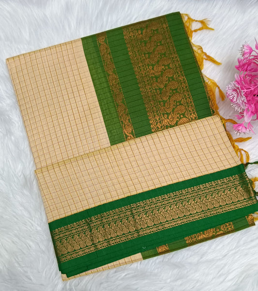 Traditional Cream & Parrot Green Kalyani cotton saree with zari border and checked pattern – lightweight daily wear handloom sareeC