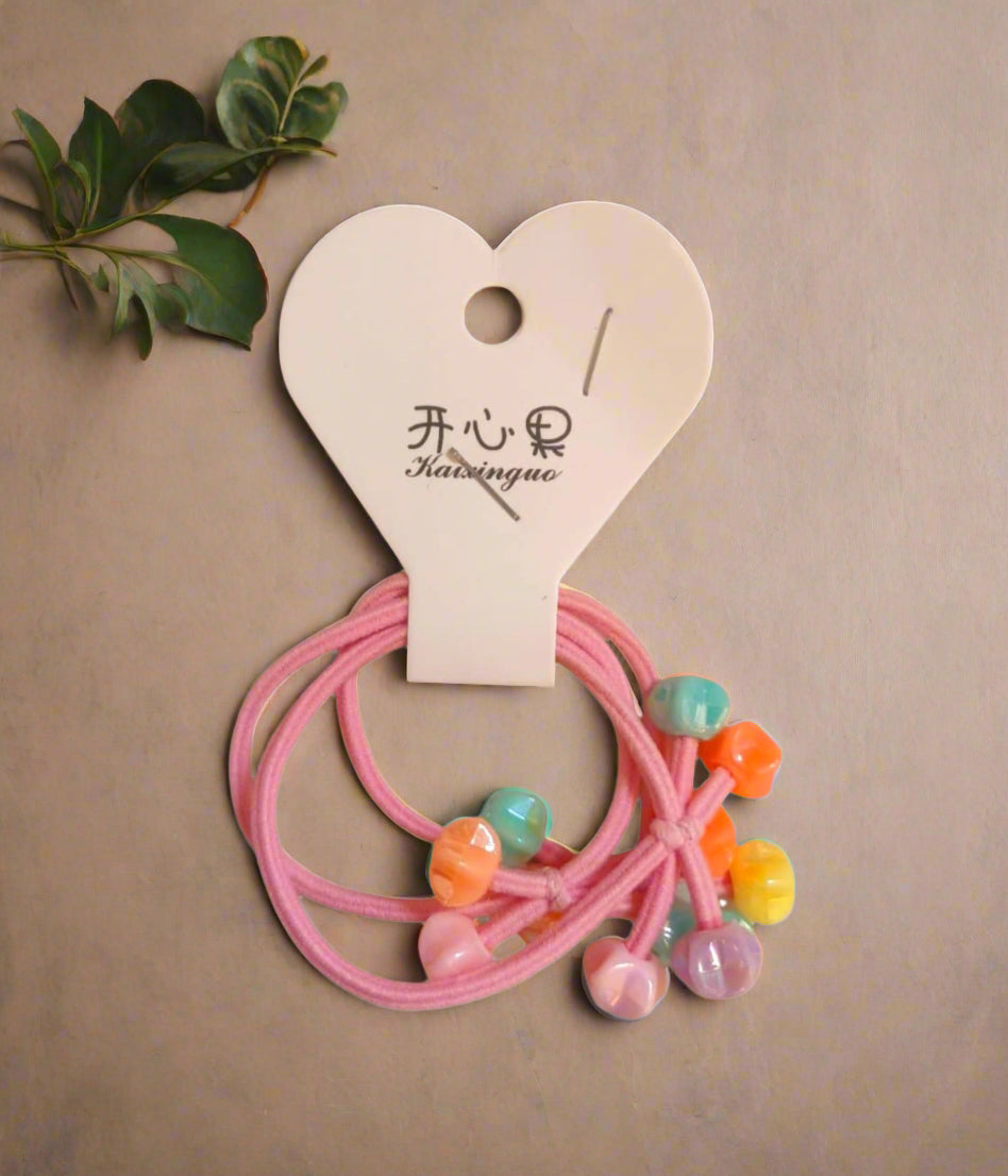 Set of 3 Girls Pearl Beaded Elastic Hair Ties in Pink for Ponytails and Braids