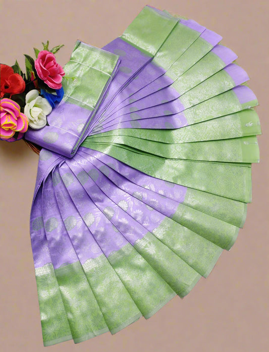 Banarasi semi silk saree with silver zari floral cutwork in purple and Green – traditional Indian wedding wear with contrast border