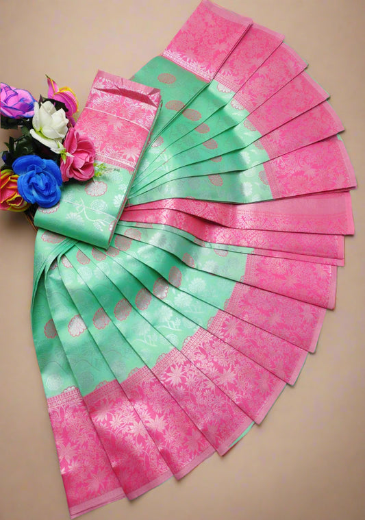 Banarasi semi silk saree with silver zari floral cutwork in Aqua green and pink – traditional Indian wedding wear with contrast border