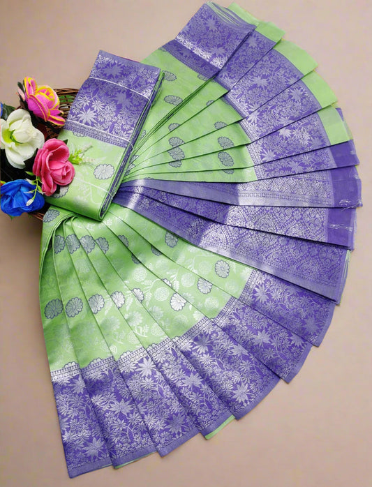 Banarasi semi silk saree with silver zari floral cutwork in parrot Green & Blue – traditional Indian wedding wear with contrast border