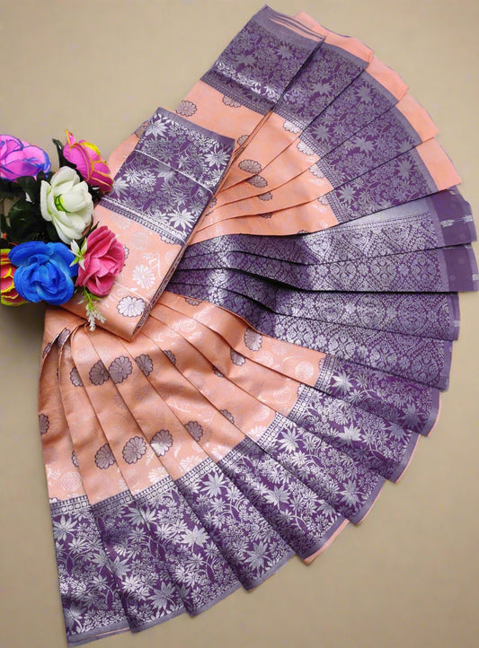 Banarasi semi silk saree with silver zari floral cutwork in peach and purple – traditional Indian wedding wear with contrast border