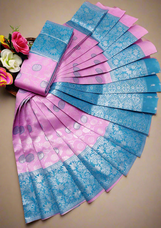 Banarasi semi silk saree with silver zari floral cutwork in pink and sky blue – traditional Indian wedding wear with contrast border