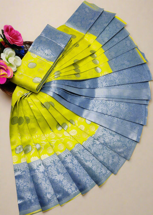 Banarasi semi silk saree with silver zari floral cutwork in parrot green and Blue – traditional Indian wedding wear with contrast border