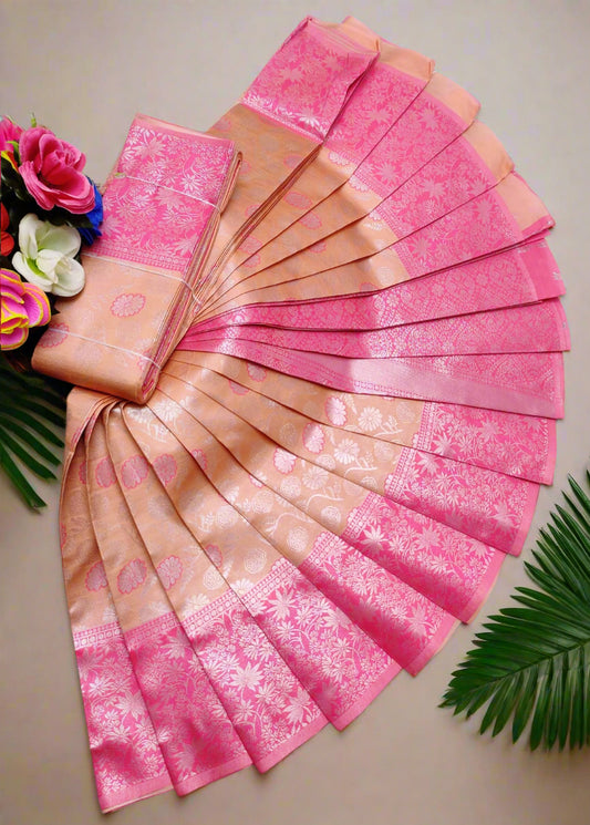 Banarasi semi silk saree with silver zari floral cutwork in peach and pink – traditional Indian wedding wear with contrast border