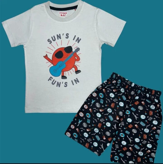 1-5 years boys premium cotton printed White t-shirt shorts set – fun summer kidswear with vibrant graphics and comfortable shorts – Lotus Ethnic