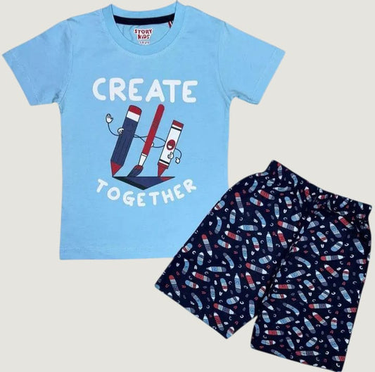 Children's blue t-shirt with text and shorts set on a light gray background
