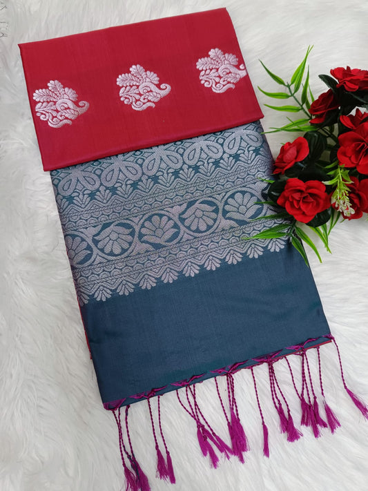 Elegant Maroon Soft Silk Saree with Peacock Blue Zari Pallu & Tassels | Wedding & Party Wear Saree