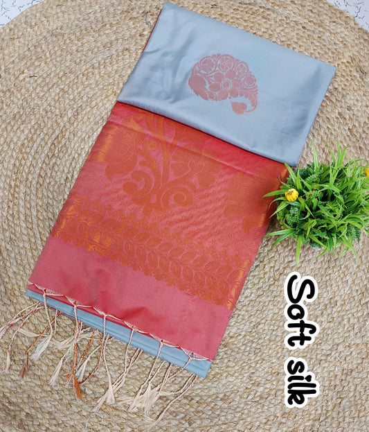 Elegant Sea Blue Soft Silk Saree with Peach Zari Pallu & Tassels | Wedding & Party Wear Saree