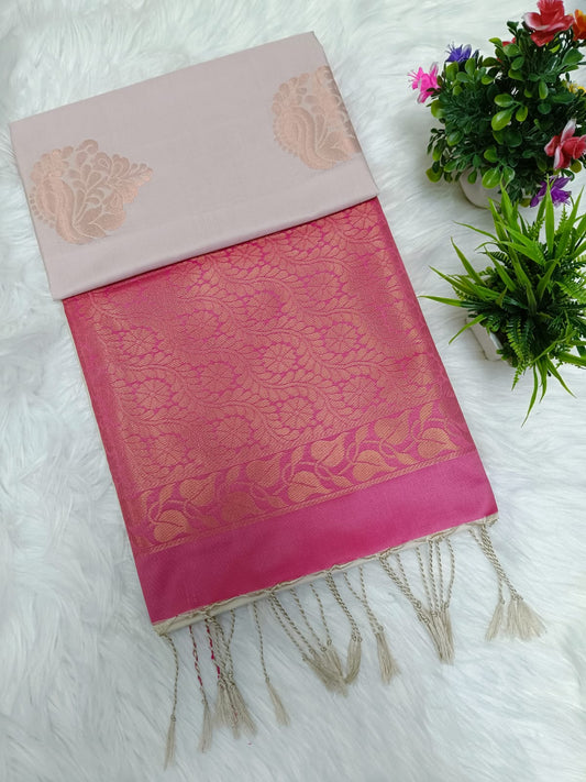 Soft silk saree with golden zari pallu and tassels – elegant wedding and festive wear saree with blouse piece