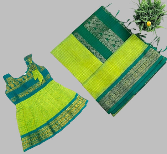 Mom & Me Combo | Kalyani Cotton Parrot Green with Teal Blue Zari Checked Saree with Matching Kids Dress