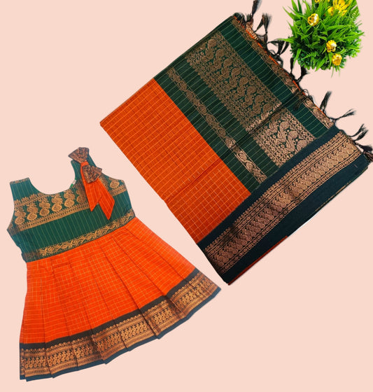Mom and Me combo in Kalyani cotton Orange and Dark Green zari checked saree with matching girls frock – traditional family ethnic wear set