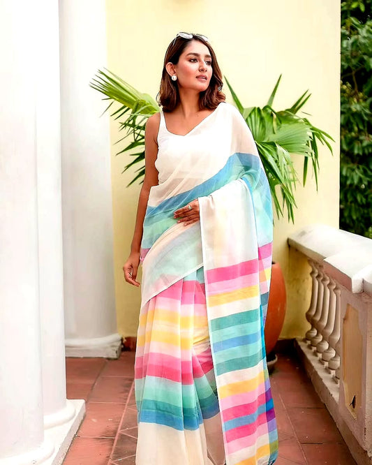 Women’s linen saree with digital line print and tassels – lightweight breathable designer saree for parties, office wear and festive occasions