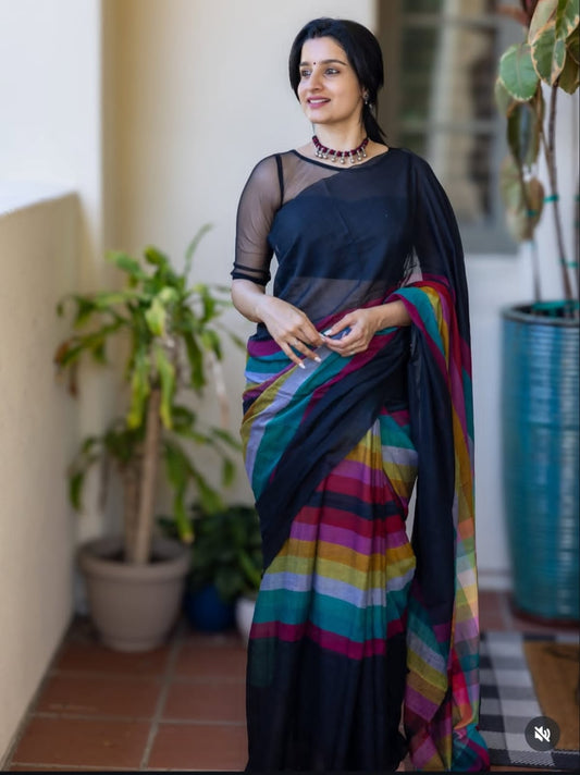 Women’s Black rainbow linen saree with digital line print and tassels – lightweight breathable designer saree for parties, office wear and festive occasions