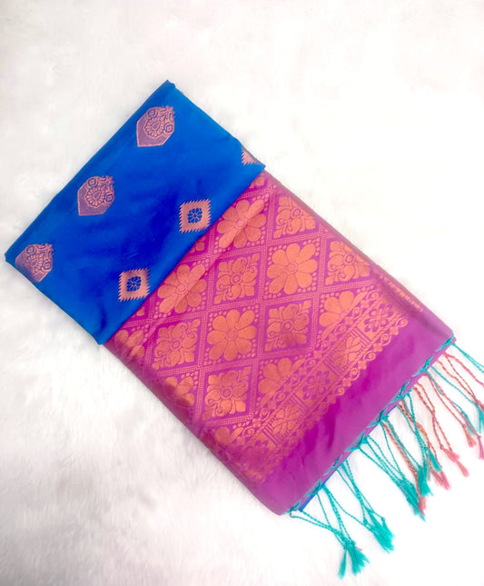 Elegant Royal Blue Soft Silk Saree with Rani Pink Zari Pallu & Tassels | Wedding & Party Wear Saree