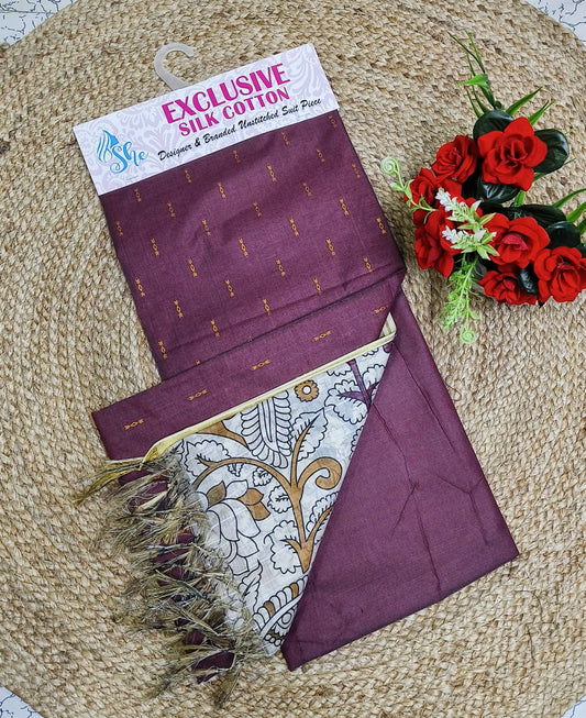 Unstitched Silk Cotton Chudi Material with Kalamkari printed dupatta – designer salwar suit fabric set in Purple