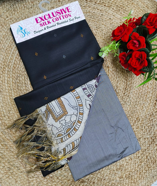 Unstitched Silk Cotton Chudi Material with Kalamkari printed dupatta – designer salwar suit fabric set in Navy Blue