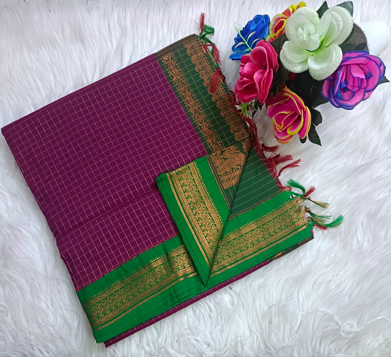 Traditional Purple Kalyani cotton saree with Green zari border and checked pattern – lightweight daily wear handloom saree