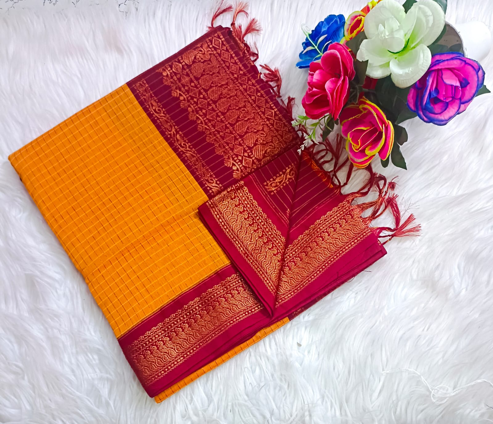 Traditional Golden Kalyani cotton saree with Maroon zari border and checked pattern – lightweight daily wear handloom saree"