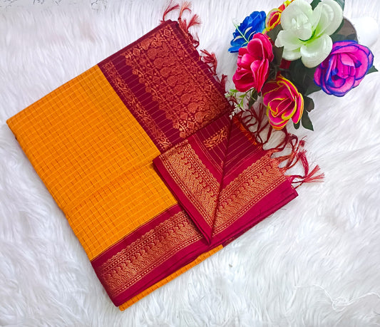 Traditional Golden Kalyani cotton saree with Maroon zari border and checked pattern – lightweight daily wear handloom saree"