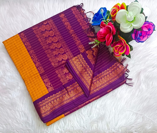 Traditional Gold Kalyani cotton saree with Purple zari border and checked pattern – lightweight daily wear handloom saree