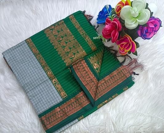 Traditional Grey Kalyani cotton saree with Green zari border and checked pattern – lightweight daily wear handloom saree"