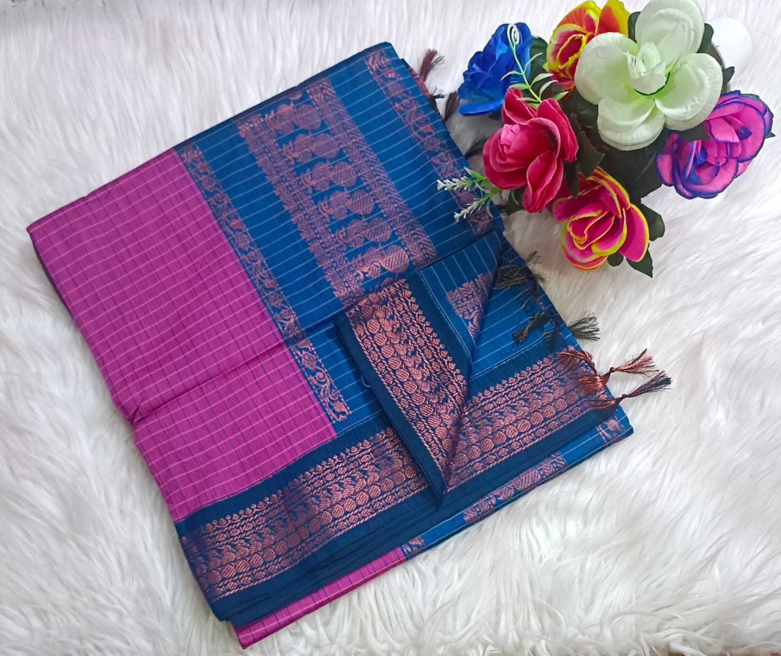 Traditional Rani Pink Kalyani cotton saree with Blue zari border and checked pattern – lightweight daily wear handloom saree"