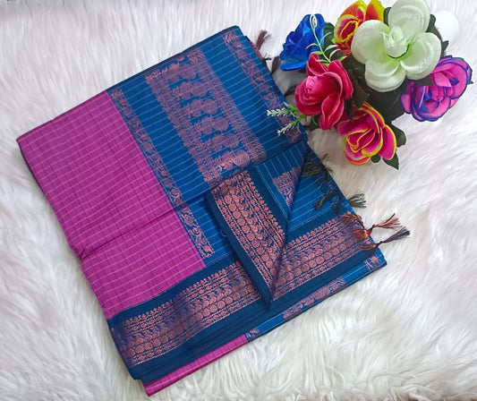 Traditional Rani Pink Kalyani cotton saree with Blue zari border and checked pattern – lightweight daily wear handloom saree"