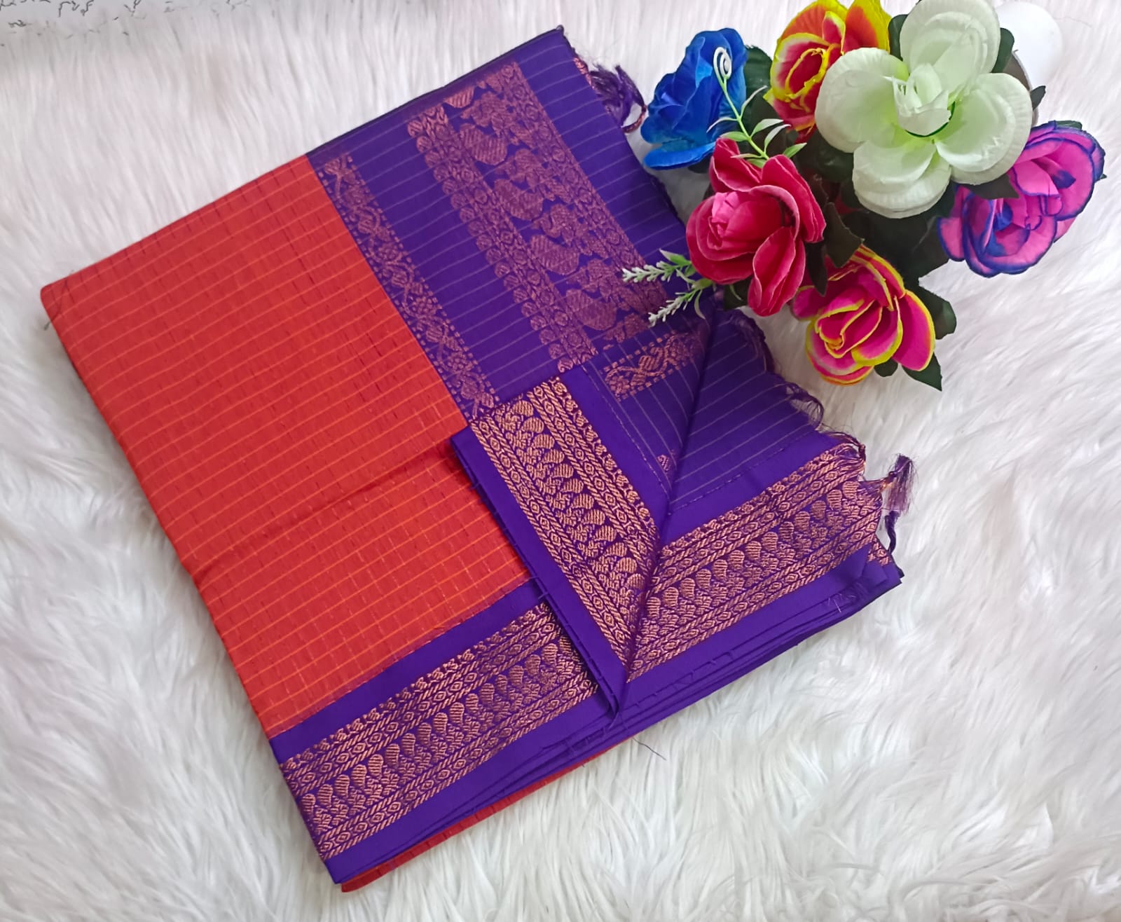 Traditional Red Kalyani cotton saree with Purple zari border and checked pattern – lightweight daily wear handloom saree"
