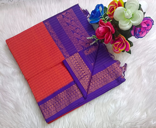 Traditional Red Kalyani cotton saree with Purple zari border and checked pattern – lightweight daily wear handloom saree"