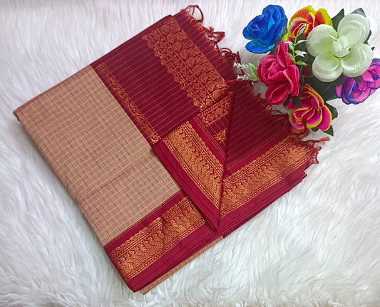 Traditional Beige Kalyani cotton saree with Maroon zari border and checked pattern – lightweight daily wear handloom saree"