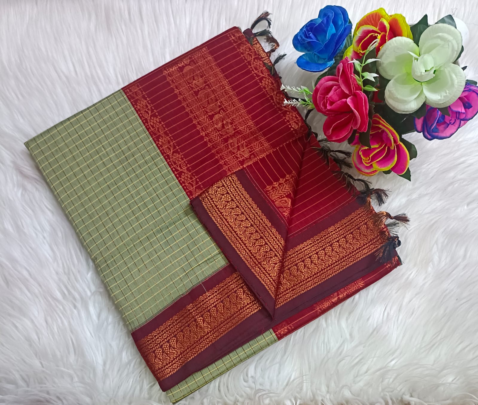 Traditional Grey Kalyani cotton saree with Maroon zari border and checked pattern – lightweight daily wear handloom saree"