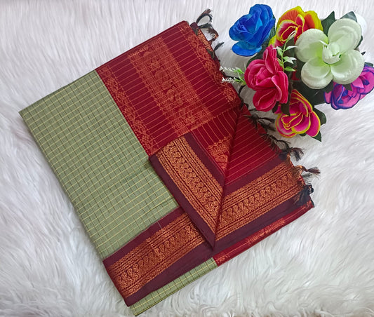 Traditional Grey Kalyani cotton saree with Maroon zari border and checked pattern – lightweight daily wear handloom saree"