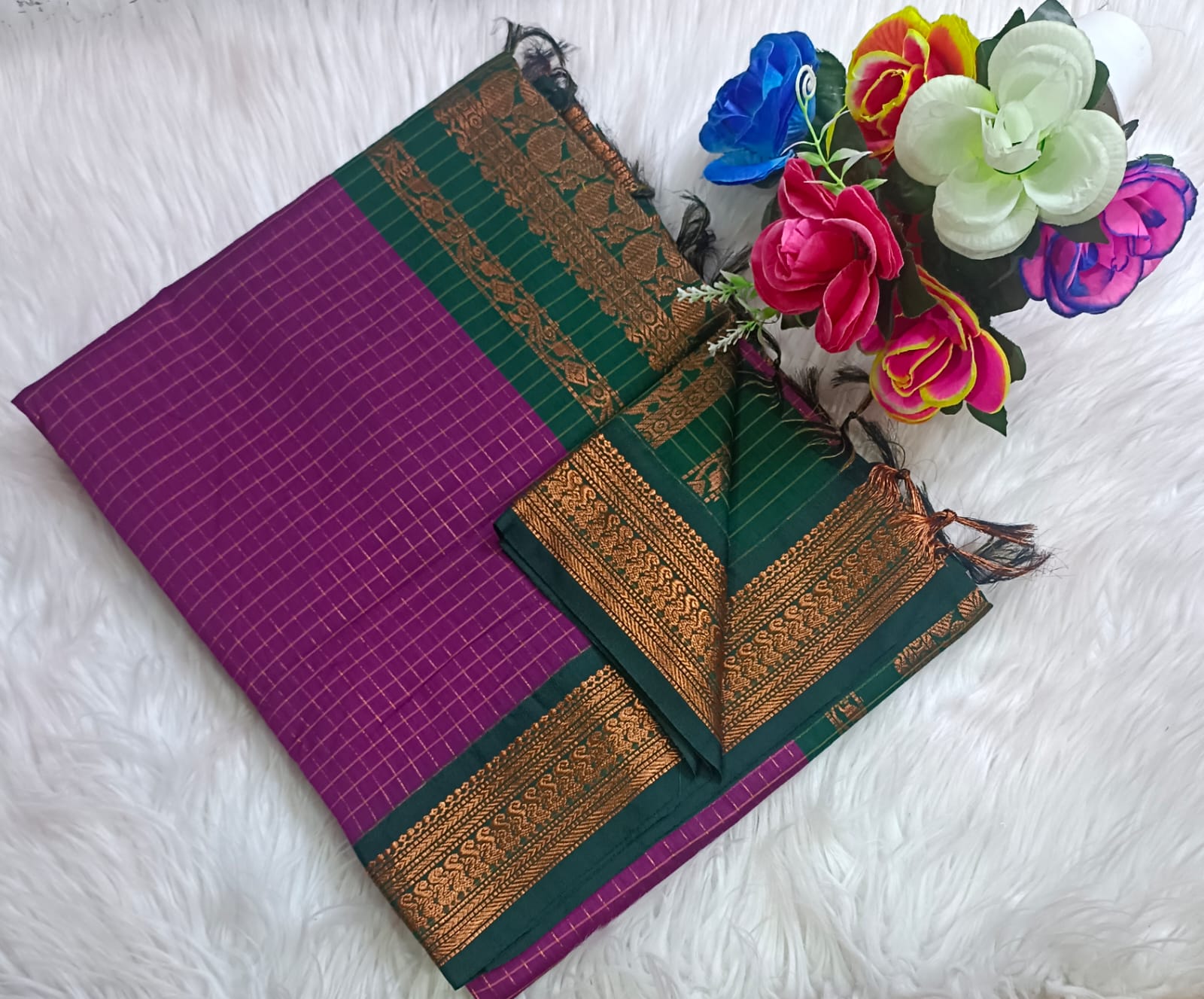 Traditional Purple Kalyani cotton saree with Teal Green zari border and checked pattern – lightweight daily wear handloom saree"