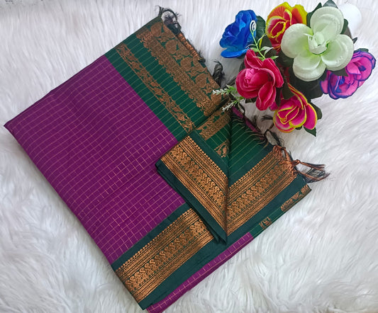 Traditional Purple Kalyani cotton saree with Teal Green zari border and checked pattern – lightweight daily wear handloom saree"