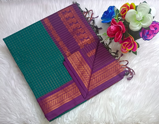 Traditional Teal green Kalyani cotton saree with Purple zari border and checked pattern – lightweight daily wear handloom saree"
