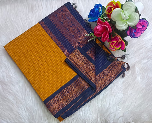 Traditional Gold Kalyani cotton saree with Peacock blue zari border and checked pattern – lightweight daily wear handloom saree"