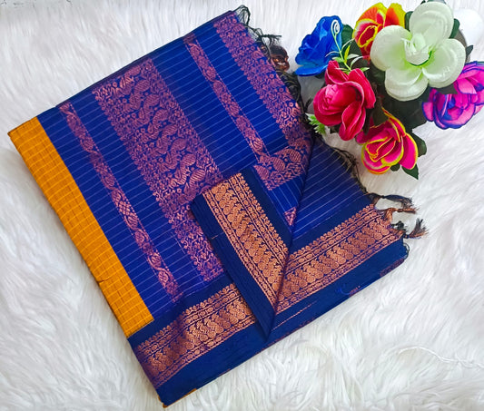 Traditional Gold Kalyani cotton saree with Royal Blue zari border and checked pattern – lightweight daily wear handloom saree"