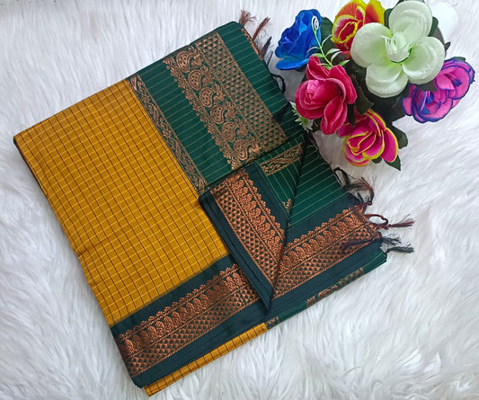 Traditional Gold Kalyani cotton saree with Dark Green zari border and checked pattern – lightweight daily wear handloom saree"