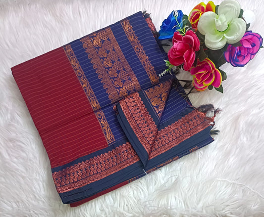 Traditional Maroon Kalyani cotton saree with Blue zari border and checked pattern – lightweight daily wear handloom saree"