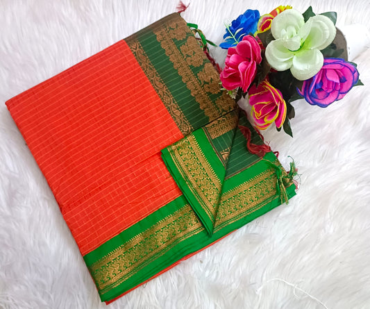 Traditional Orange Kalyani cotton saree with Light Green zari border and checked pattern – lightweight daily wear handloom saree"