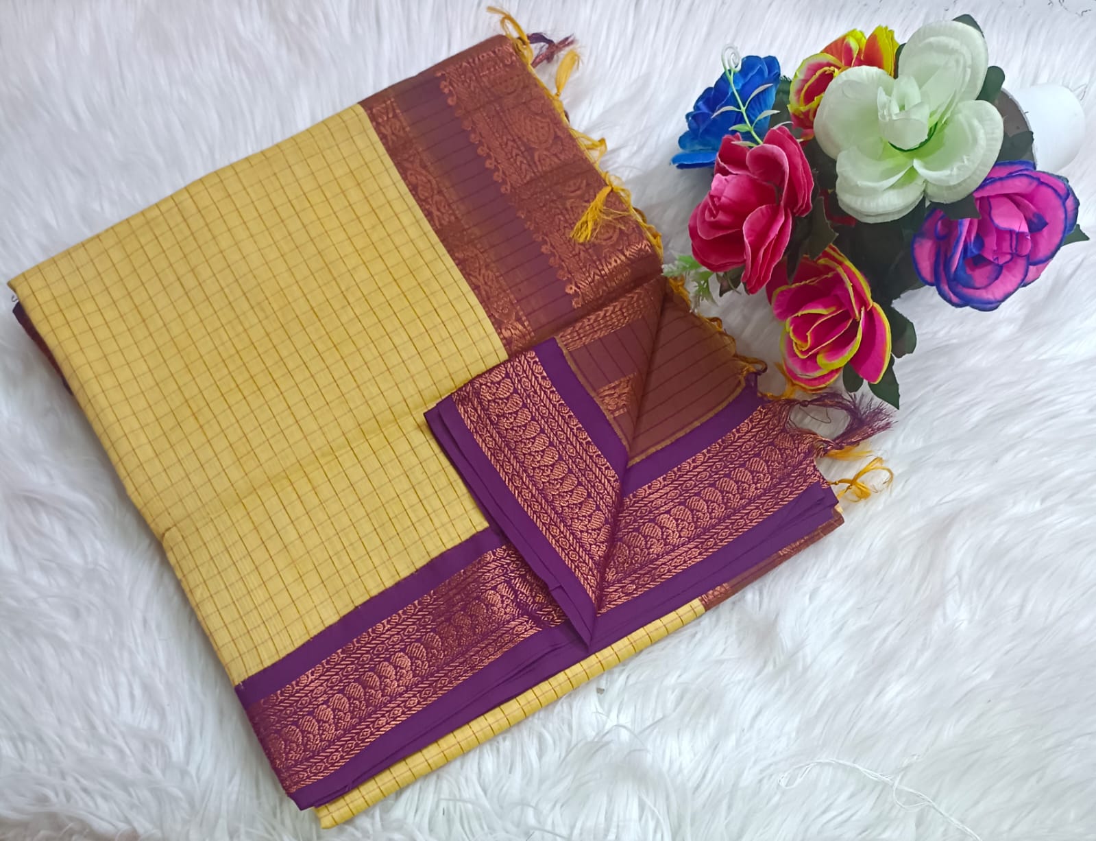 Traditional Sandal Kalyani cotton saree with Purple zari border and checked pattern – lightweight daily wear handloom saree