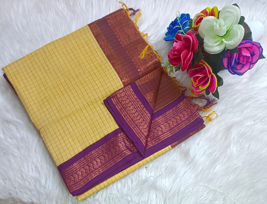Traditional Sandal Kalyani cotton saree with Purple zari border and checked pattern – lightweight daily wear handloom saree