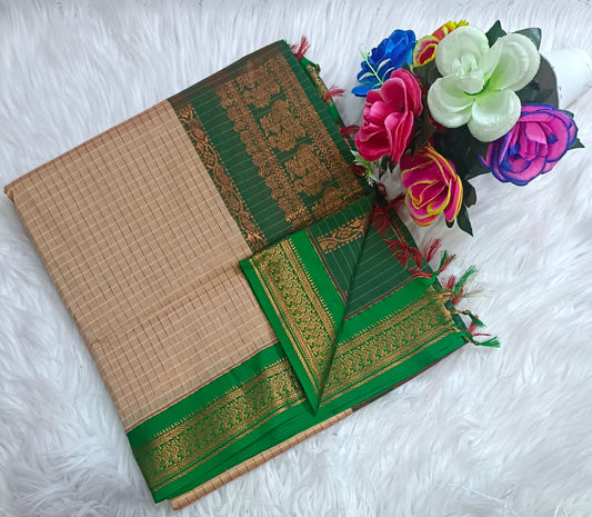 Traditional Grey Kalyani cotton saree with Green zari border and checked pattern – lightweight daily wear handloom saree