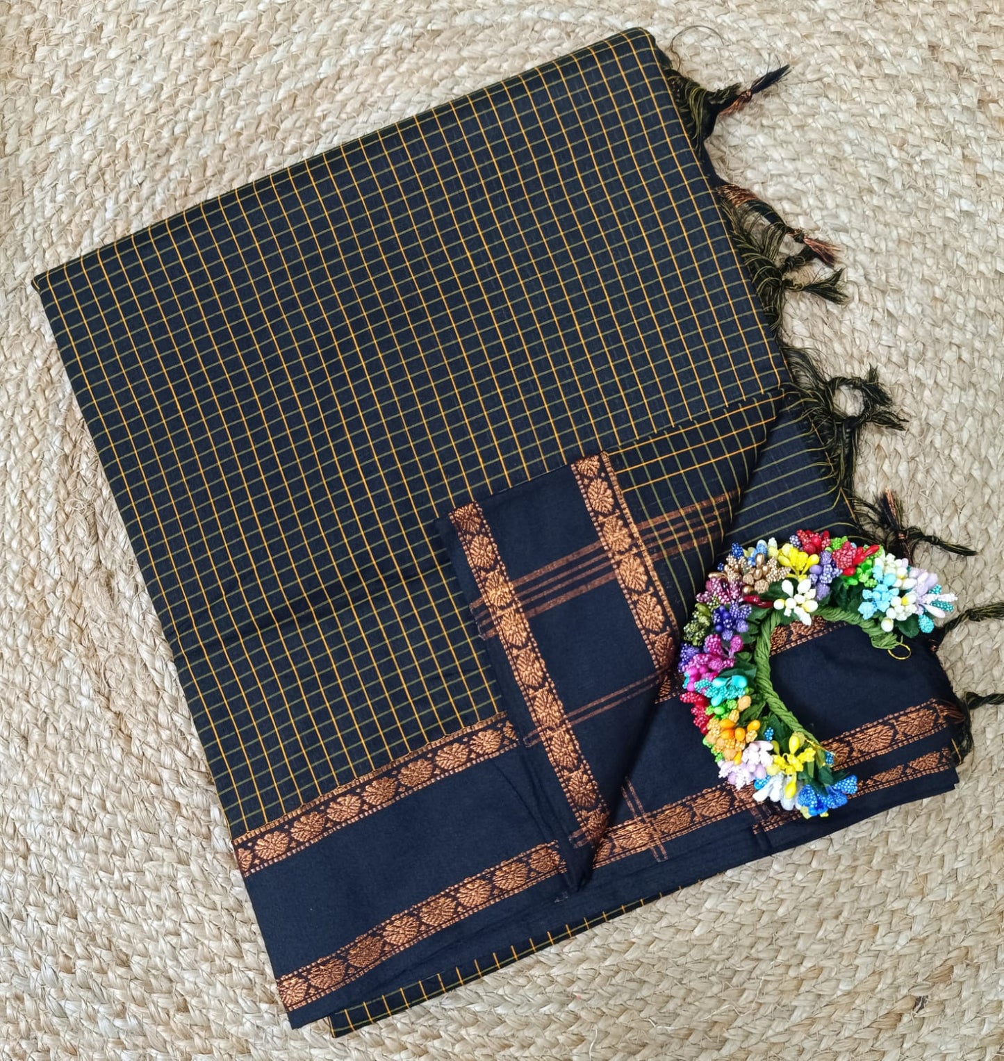 Retta Petta Black Kalyani Cotton Zari Checked Saree with Blouse – Traditional South Indian Handloom Saree
