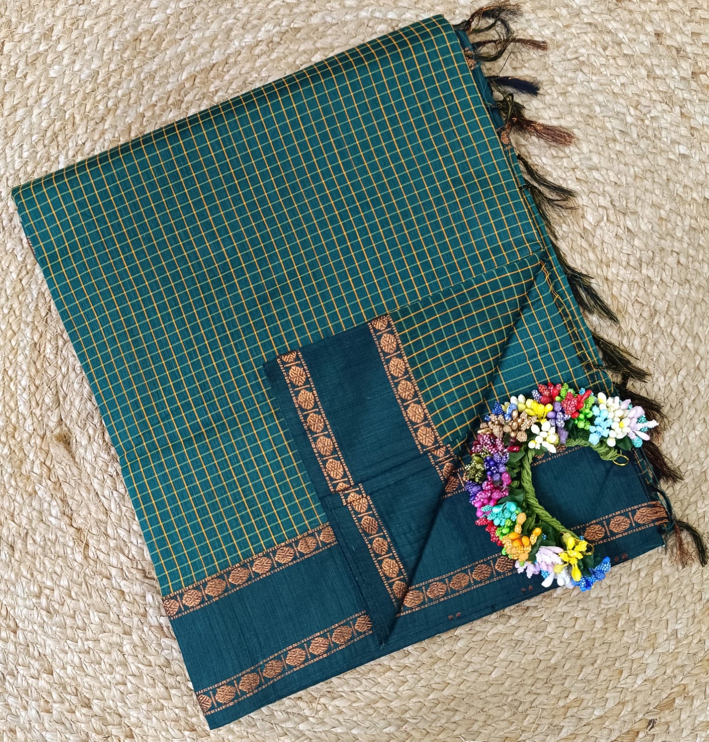 Retta Petta Teal Green Kalyani Cotton Zari Checked Saree with Blouse – Traditional South Indian Handloom Saree
