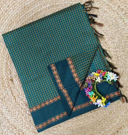 Retta Petta Teal Green Kalyani Cotton Zari Checked Saree with Blouse – Traditional South Indian Handloom Saree