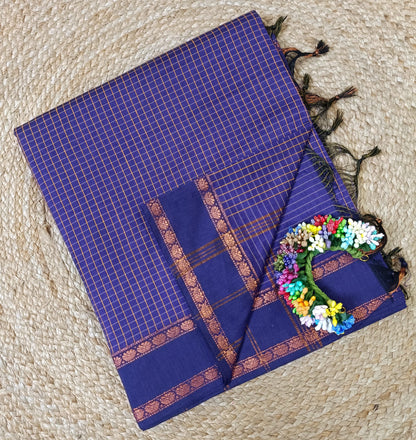 Retta Petta Royal Blue Kalyani Cotton Zari Checked Saree with Blouse – Traditional South Indian Handloom Saree