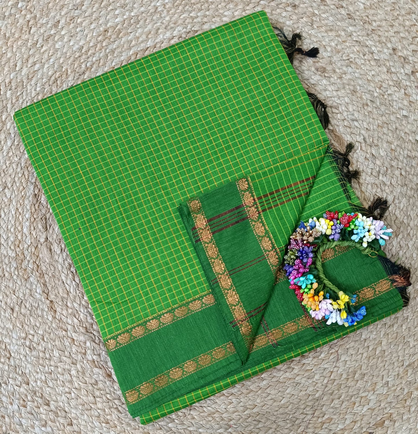 Retta Petta Light Green Kalyani Cotton Zari Checked Saree with Blouse – Traditional South Indian Handloom Saree