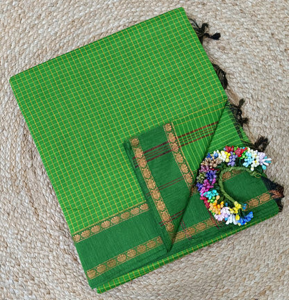 Retta Petta Light Green Kalyani Cotton Zari Checked Saree with Blouse – Traditional South Indian Handloom Saree